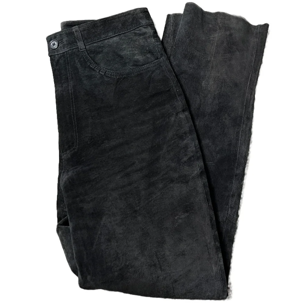 Vintage Shirley France 100% Leather Black Suede Pants Women Size 12 Straight Leg